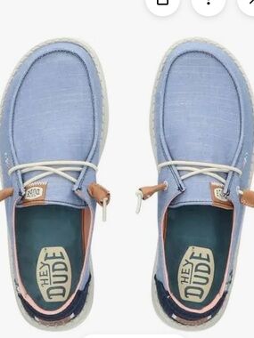 Hey Dude Wendy Chambray Boho Women's Light Blue Slip-On Loafers with Tan Accents